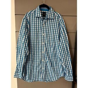 Tailorbyrd‎ Collection Teal White Gingham Button Down Shirt Men's L Long Sleeve